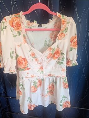 SHEIN Floral Curve Blouse in Cream, Peach & Green